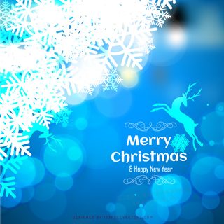 Merry Christmas Blue Background with Snowflakes and Reindeer