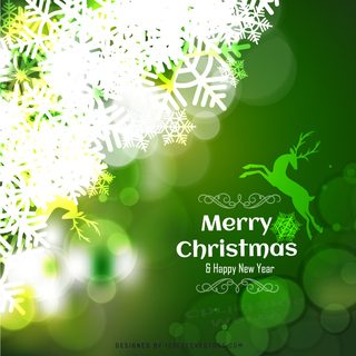 Merry Christmas Green Background with Snowflakes and Reindeer