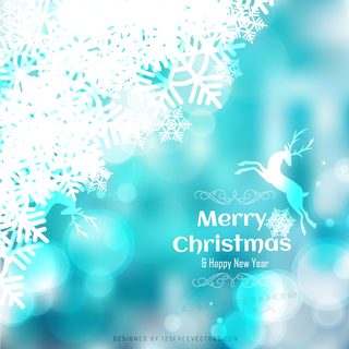 Merry Christmas Turquoise Background with Snowflakes and Reindeer