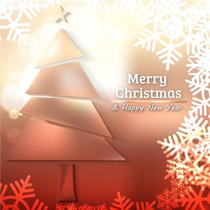 Red Beige Christmas Background with Tree and Snowflakes