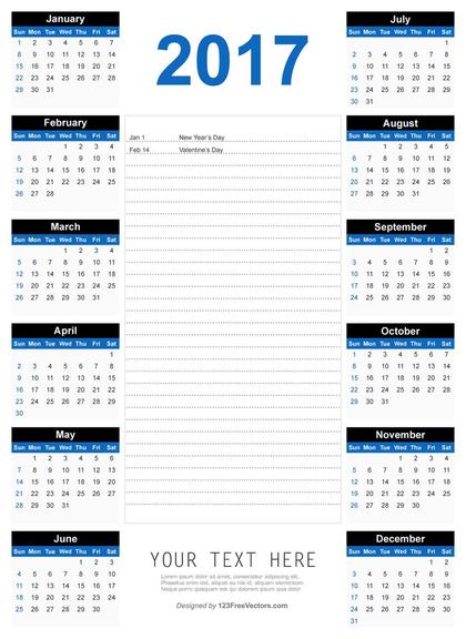 Yearly 2017 Calendar Template with Blank Notes