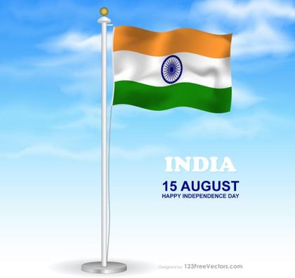 Flying Indian Flag on Flagpole in Cloudy Blue Sky Background