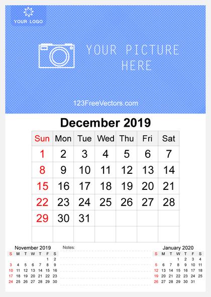 2019 December Wall Calendar Template Free