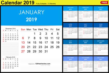 Editable Monthly Calendar Template 2019