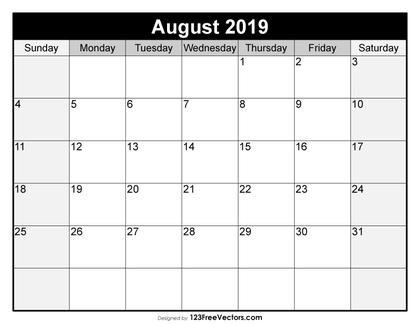 Blank August Calendar 2019