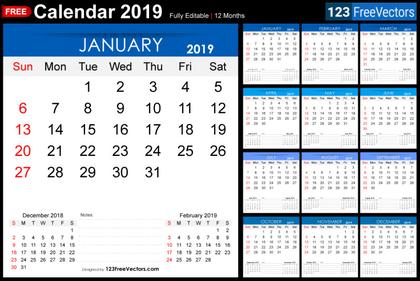 Free Printable 2019 Monthly Calendar