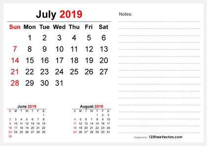 2019 July Desk Calendar Design