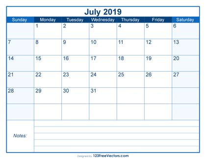 Blank Printable July Calendar 2019