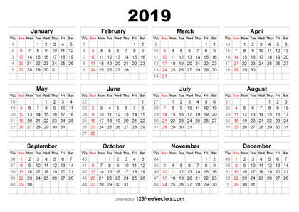 2019 Calendar with Week Numbers