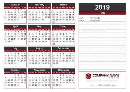 Yearly Calendar 2019 Printable
