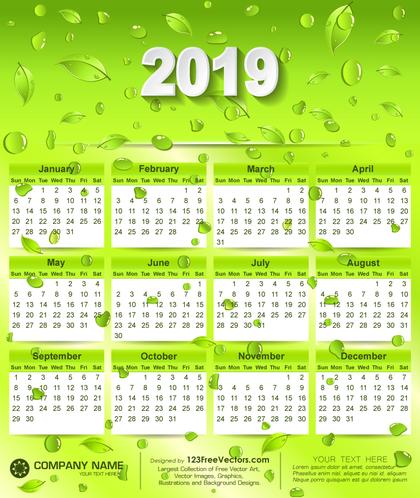 2019 Eco Green Wall Calendar Free Vector