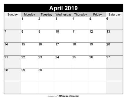 Blank April Calendar 2019