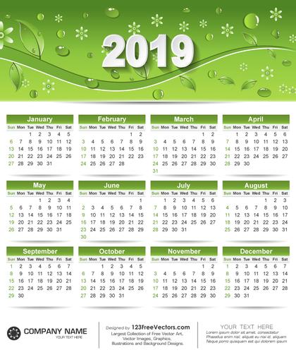 Free Printable Calendar 2019 with Green Leaves