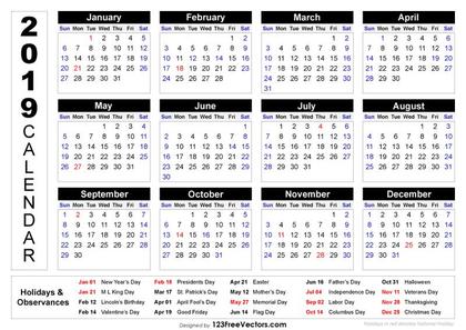 2019 Printable Calendar with Holidays