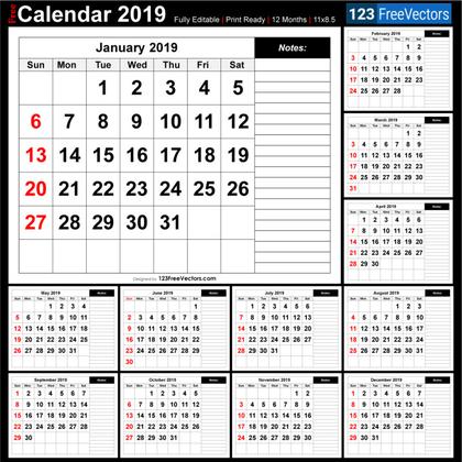 Printable Monthly Calendar 2019