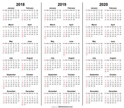 3 Year Calendar 2018 2019 2020 Printable