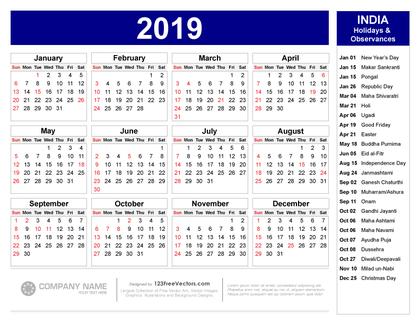 2019 Calendar with Indian Holidays Pdf