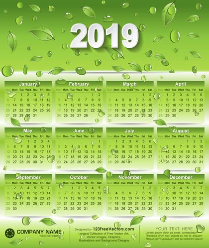 2019 Eco Green Calendar Design with Leaves and Water Drops