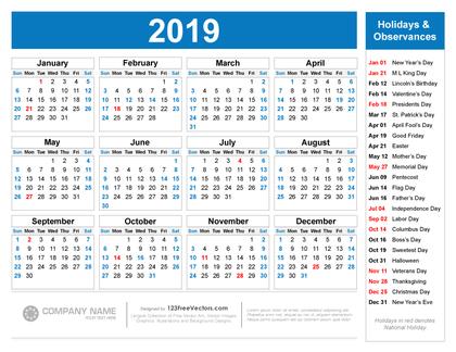 Free Printable 2019 Calendar with Holidays