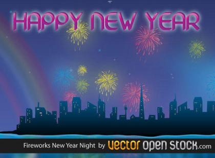 Night City and New year Celebration with Fireworks Vector