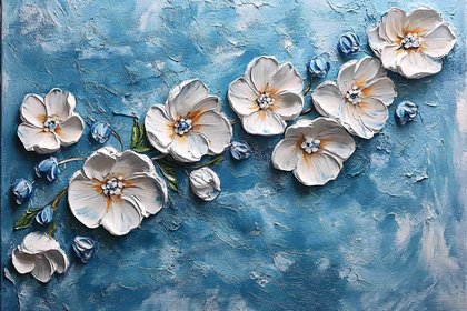 3D Floral Art on Textured Blue Canvas