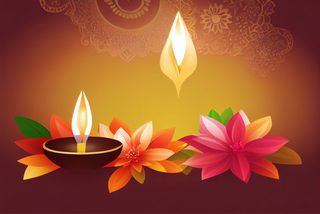 Diwali Diya Lamp And Flowers On Warm Gradient Background