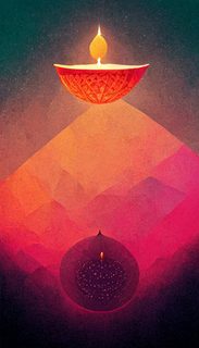 Floating Orange Diya With Purple Reflection And Gradient Background