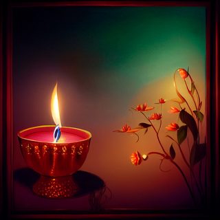 Golden Diya Lamp With Glowing Floral Sprig And Gradient Background
