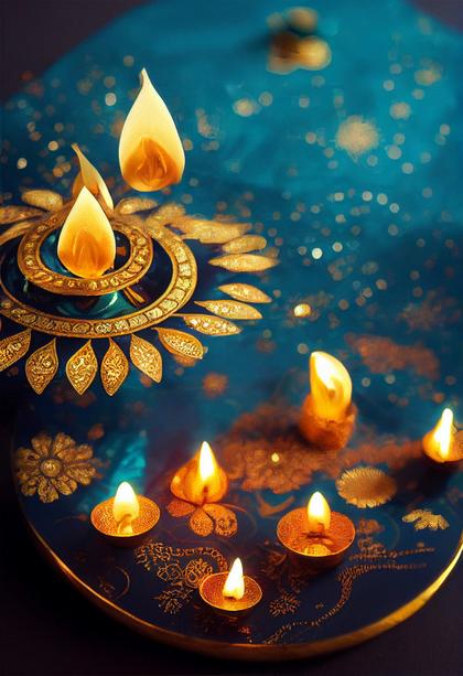 Happy Diwali Gold Diya on Blue Background