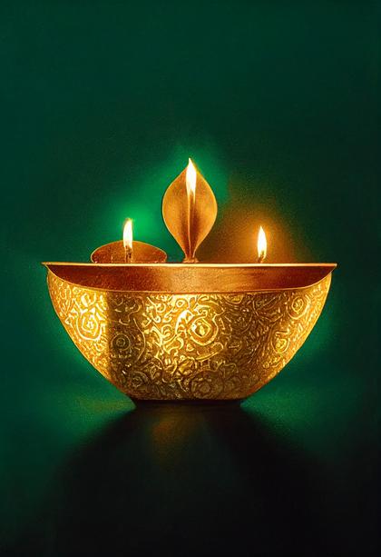 Happy Diwali Gold Diya on Green Background