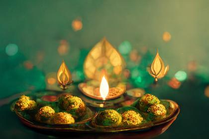 Happy Diwali Greeting Card with Gold Diya on Green Background
