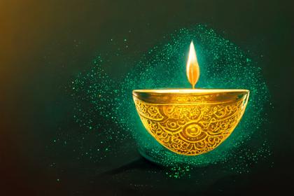 Green Diwali Background with Golden Diya Lamp