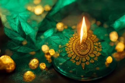 Happy Diwali Gold Diya on Green Background Image