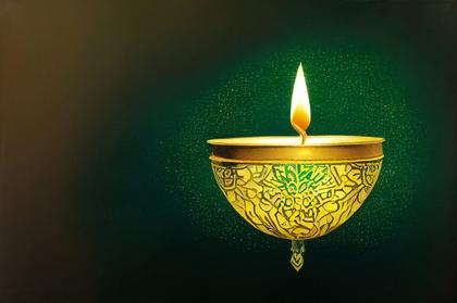 Green Diwali Greeting Card with Golden Diya Lamp Design