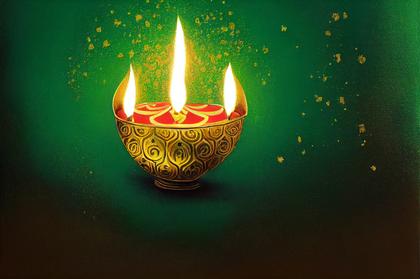 Happy Diwali Festival Card with Gold Diya on Green Background