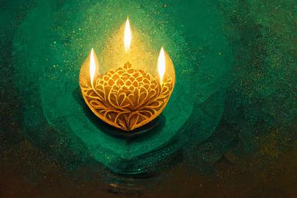 Green Diwali Greeting Card with Golden Diya Lamp