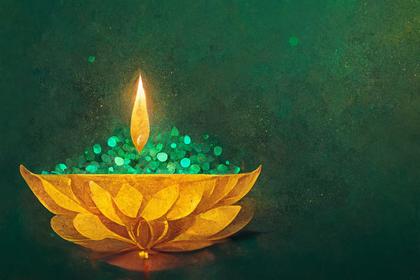 Happy Diwali Festival Card with Gold Diya on Green Background Design