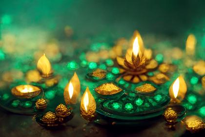 Happy Diwali Greeting Card with Gold Diya on Green Background Image