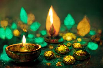 Green Diwali Greeting Card with Golden Diya Lamp Design