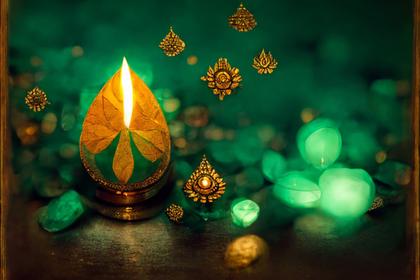 Green Diwali Background with Golden Diya Lamp Image