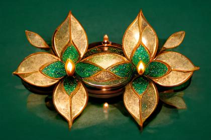 Happy Diwali Gold Diya on Green Background