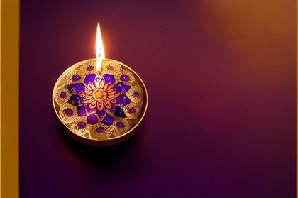 Happy Diwali Greeting Card with Gold Diya on Purple Background