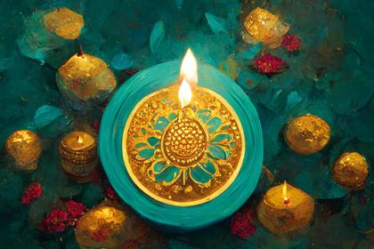 Turquoise Diwali Greeting Card with Golden Diya Lamp Design