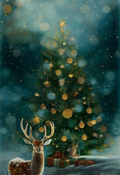Christmas Background with Christmas Tree and Deer