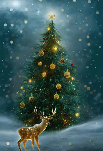 Christmas Background with Christmas Tree and Deer