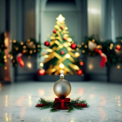 Christmas Tree with Ball Ornaments on Marble Floor Image