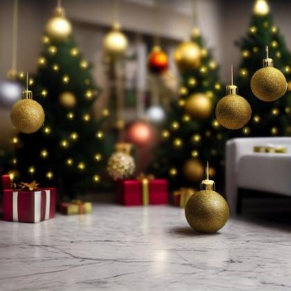 Christmas Tree with Ball Ornaments on Marble Floor