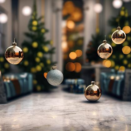 Christmas Tree with Ball Ornaments on Marble Floor Image