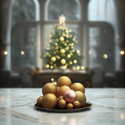 Christmas Tree with Ball Ornaments on Marble Floor