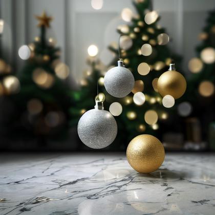 Christmas Tree with Ball Ornaments on Marble Floor